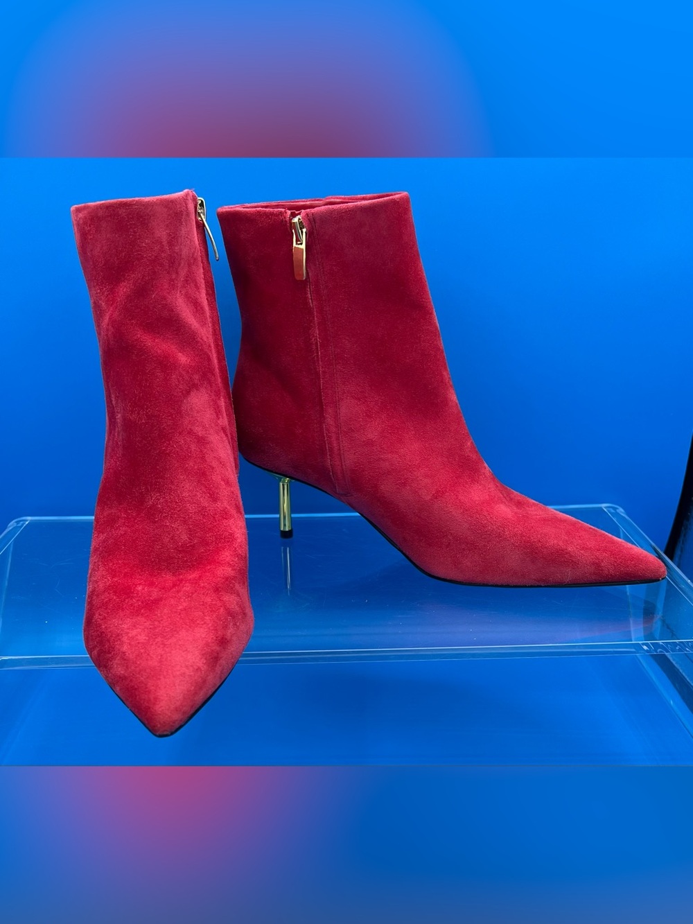 Nine West Hamesa Pointy Toe Kitten Heel Suede Booties, Red    Women’s 9
